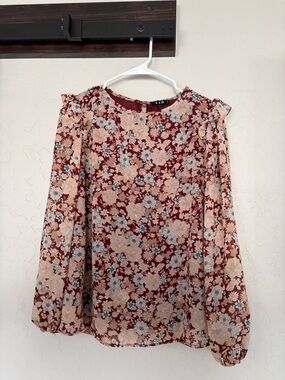 Floral Burgundy Long-Sleeve Blouse with Ruffle Shoulders
